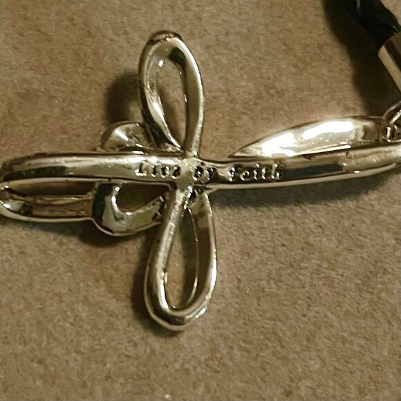 ‘Live by Faith’ Silver Tone Cross Black Leather Braided Cord Bracelet - Picture 3 of 4